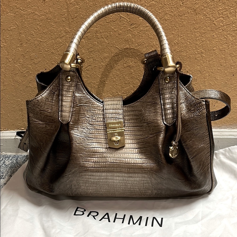 Brahmin Elisa Satchel Sable Lizard Embossed Leather Taupe Ombre